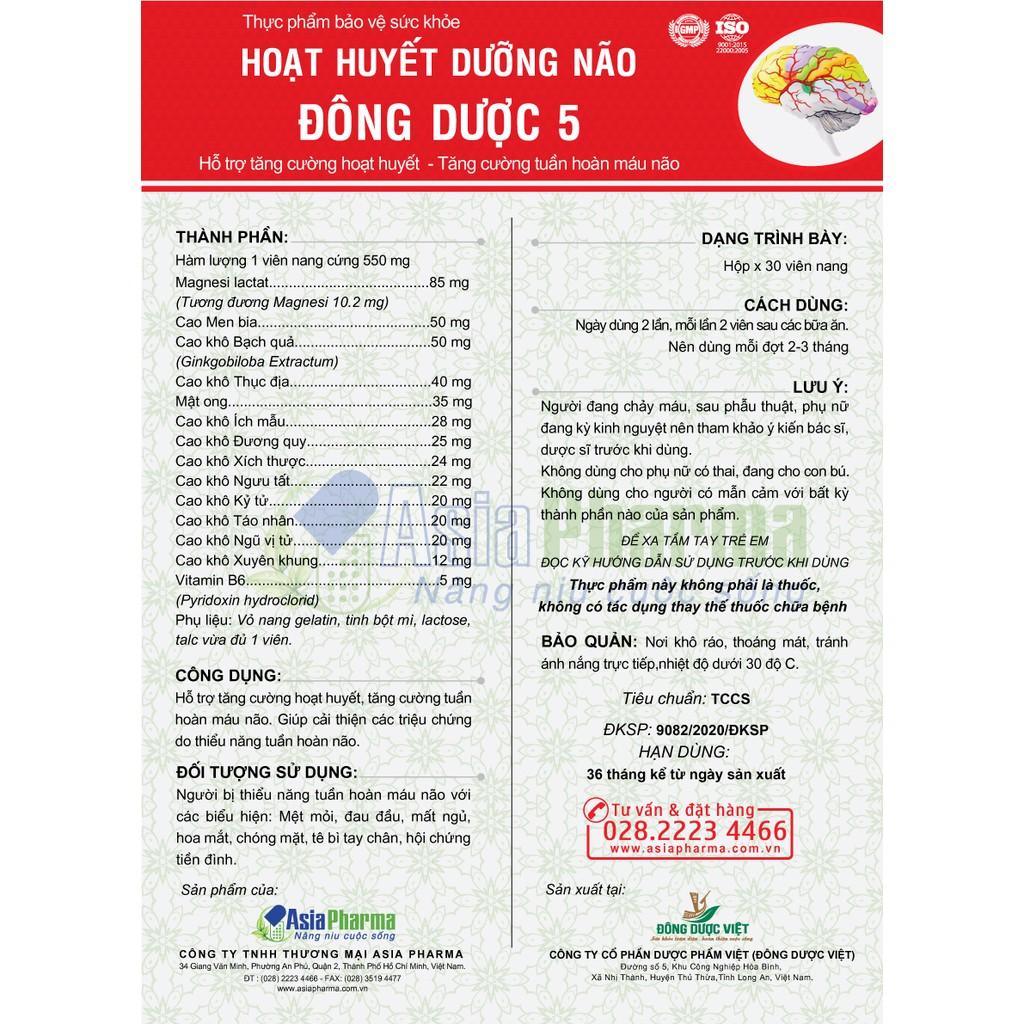 Viên uống hoạt huyết dưỡng não Đông Dược 5 Asia Pharma hỗ trợ thiểu năng tuần hoàn não - Hộp 30 viên