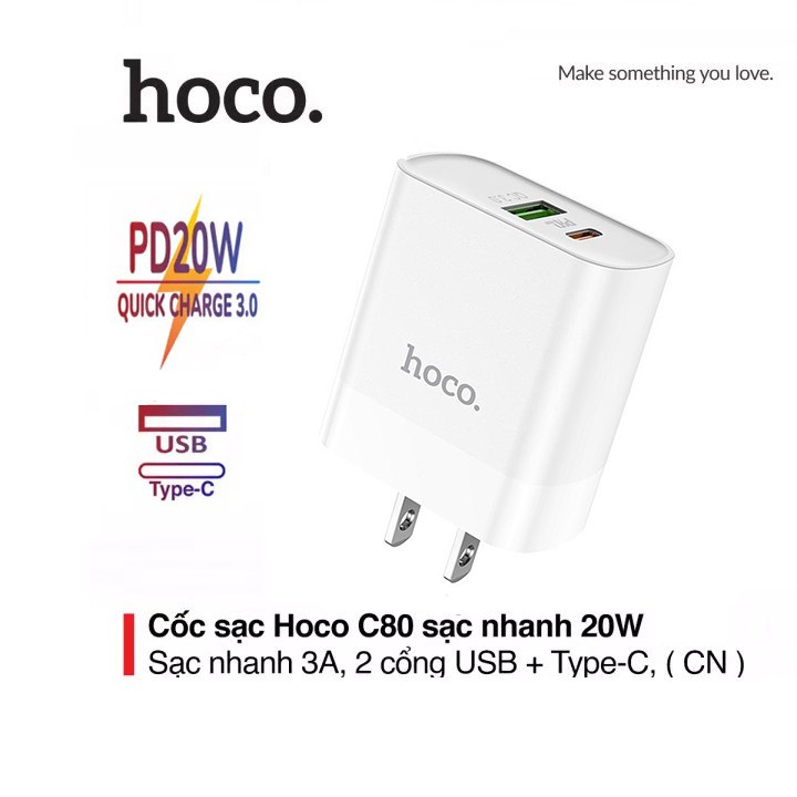 Củ sạc nhanh HOCO C80 20w 2 cổng sạc cho typeC và USB dùng cho ip, ss
