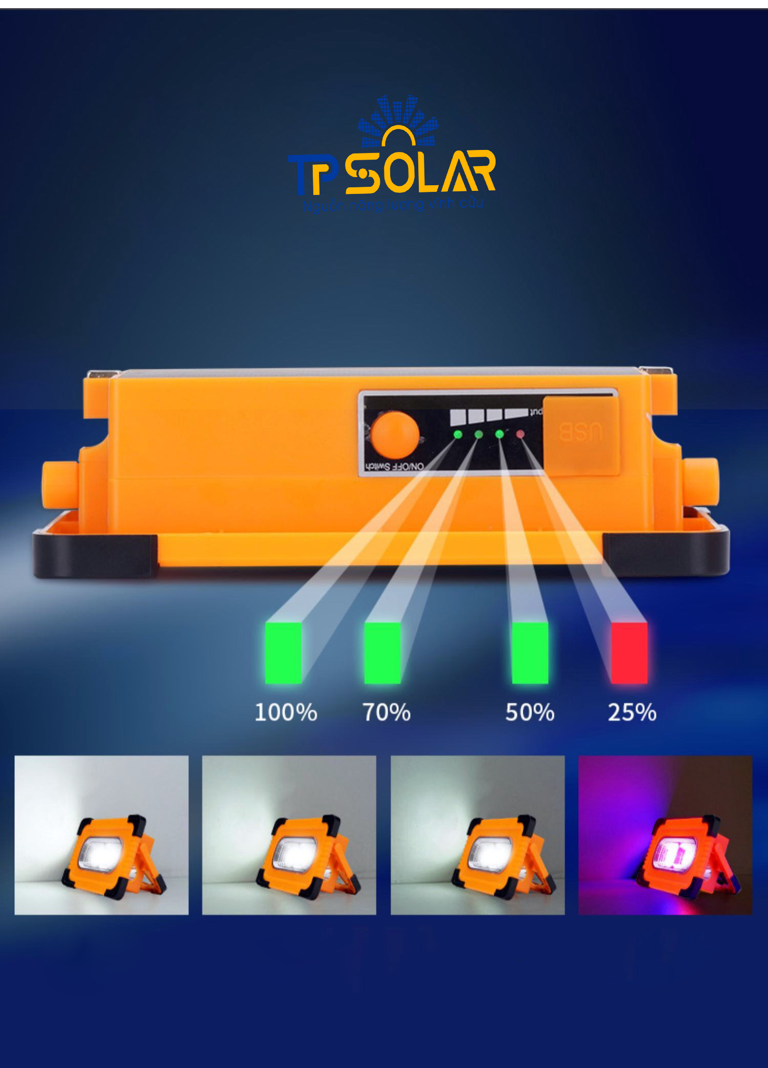 Đèn Pin Đa Năng Cầm Tay Năng Lượng Mặt Trời TP Solar TP-X150 Công Suất 150W 4 Chế Độ Sáng, Chống Nước IP65