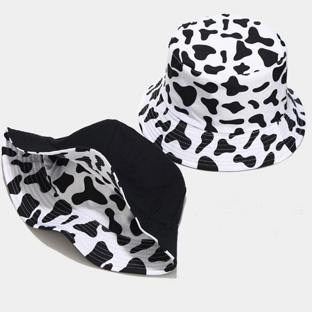 Mũ rộng vành chống nắng đội được 2 mặt họa tiết bò sữa & đen trơn thời trang - Hạnh Dương