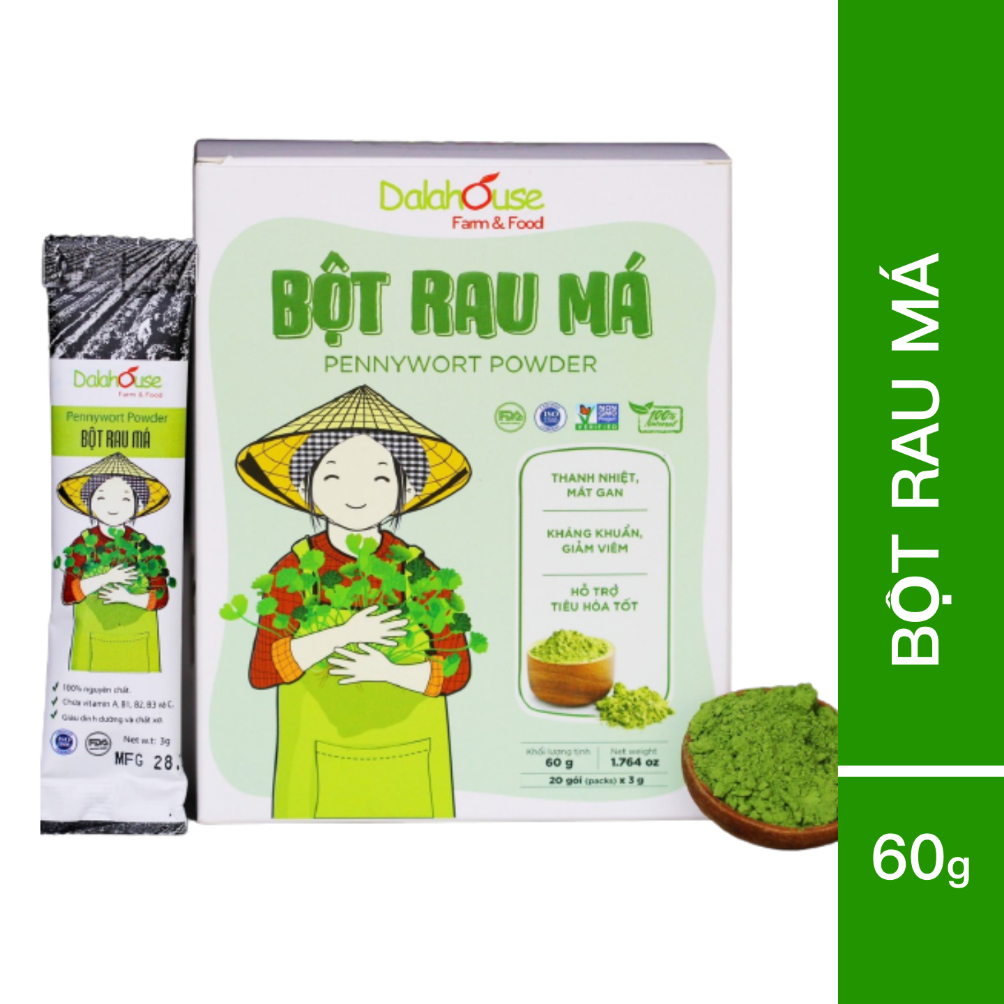 Bột Rau Má Dalahouse Hộp 60g Nguyên chất sấy lạnh - Mát gan giải độc