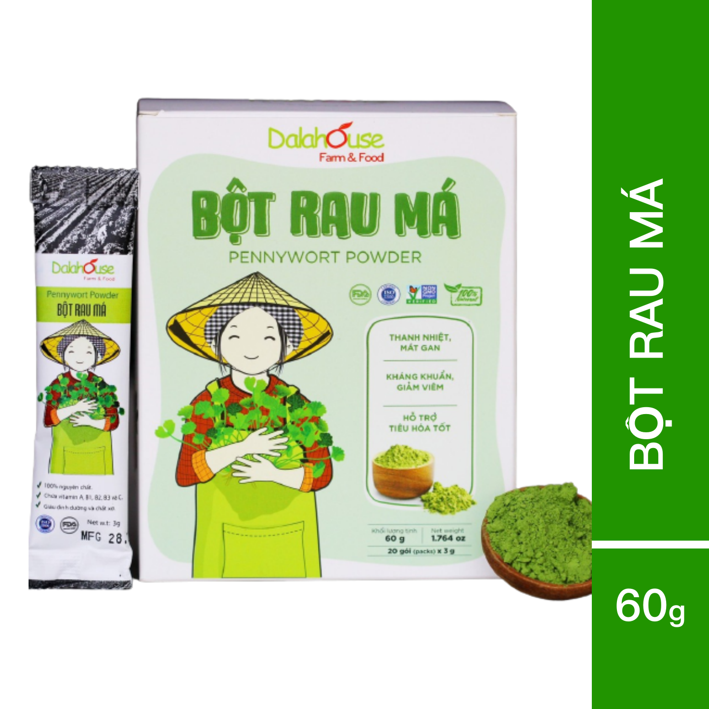 Bột Rau Má Dalahouse Hộp 60g (Mẫu mới gồm 20 tuýp 3g) Nguyên chất sấy lạnh - Mát gan giải độc