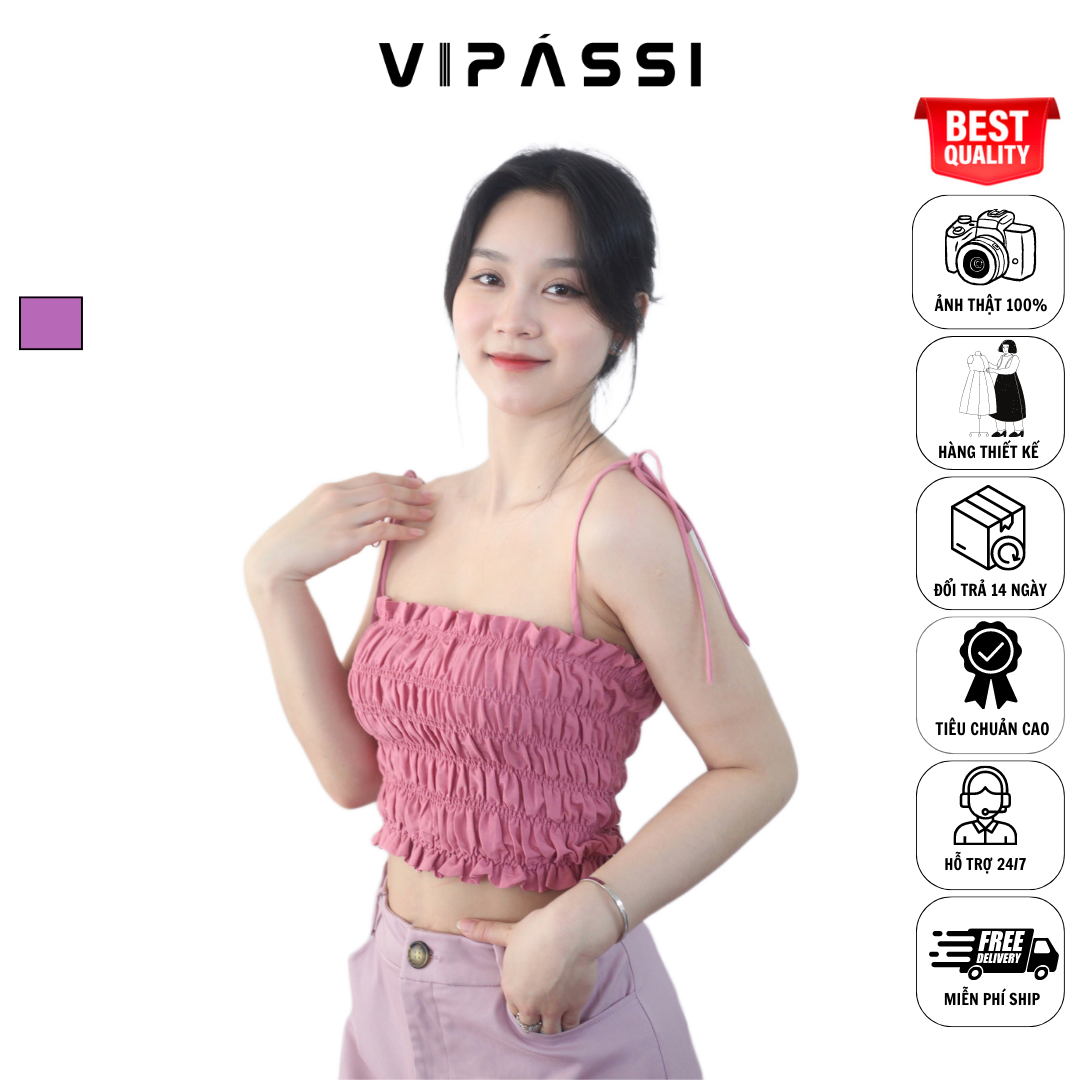 VIPÁSSI Áo Hai Dây Cotton Ôm Body Ngắn Ngang Eo Nhún Thun Smocking Hồng