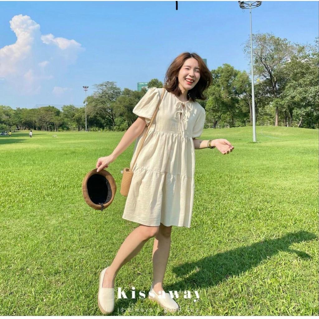 Váy babydoll nữ cộc tay buộc dây ngực, đầm nữ ngắn vải đũi siêu mát mẻ