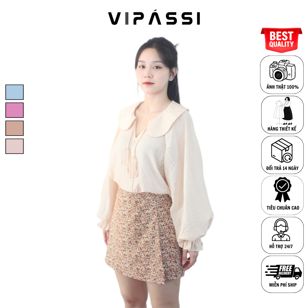 VIPÁSSI Áo Sơ Mi Nữ Cổ Sen Dây Thắt Nơ Dài Tay Phồng Bo Chun Linen Tơ