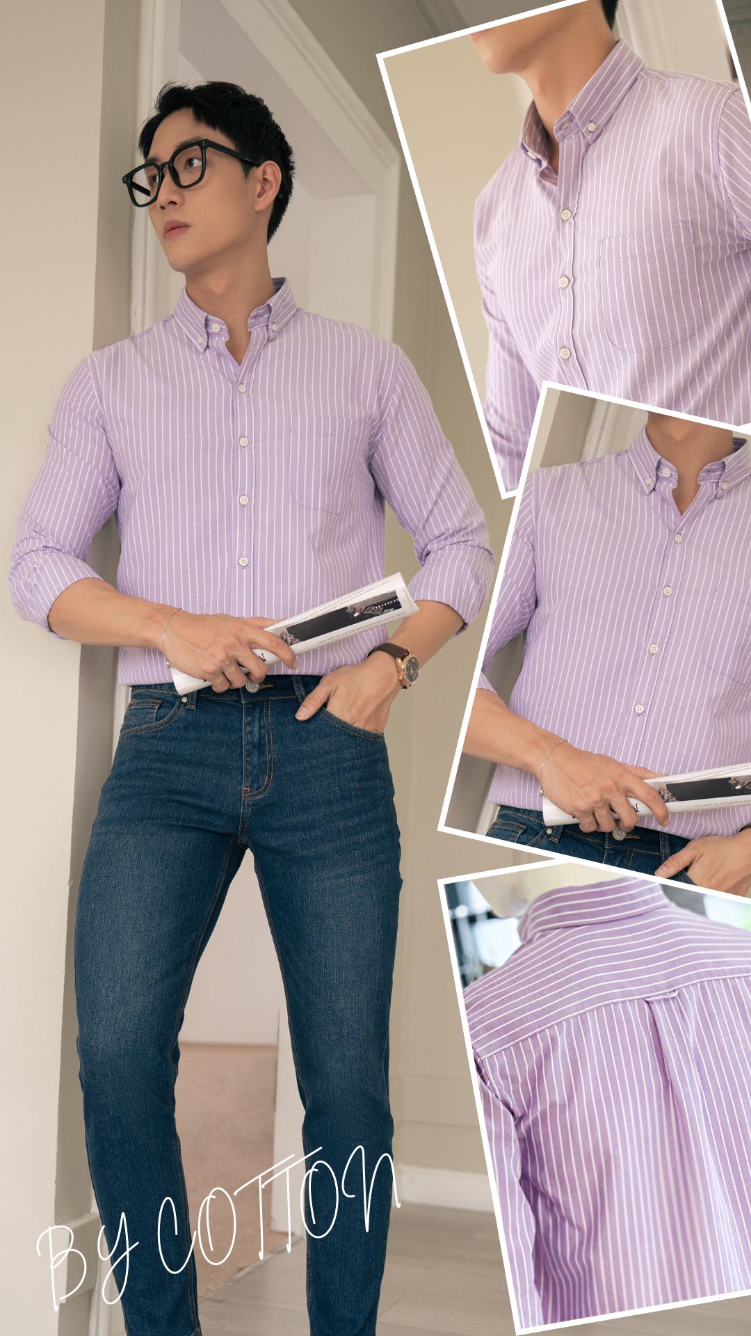 Áo Sơ Mi Nam Dài Tay Tím Phối Sọc BY COTTON Purple Stripes Oxford