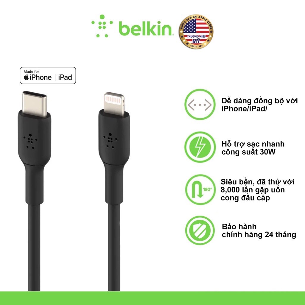 Cáp Sạc Nhanh Belkin USB Type C to Light ning BOOST↑CHARGE 30W Vỏ Nhựa, Chứng Chỉ MFi, Siêu Bền