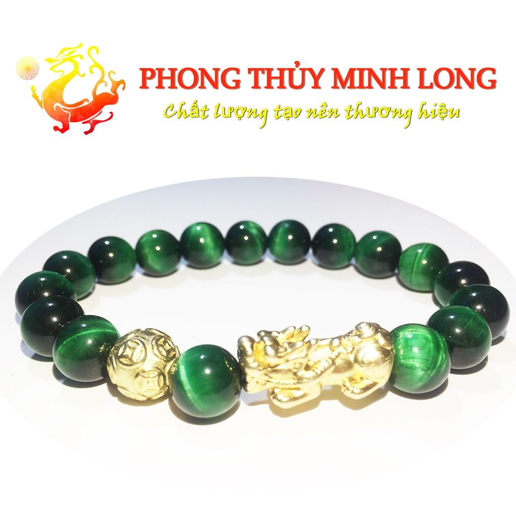 Vòng tay đá Mắt Hổ Xanh Lá chất lượng 5A mix Tỳ Hưu và 1 hạt kim tiền Vàng hợp mệnh Mộc và Mệnh Hỏa