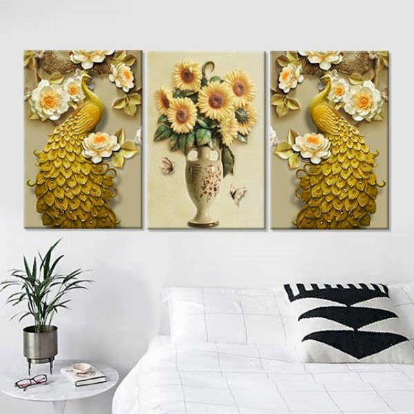 Bộ 3 Tranh Trang Trí "Khổng Tước Vàng" - W265