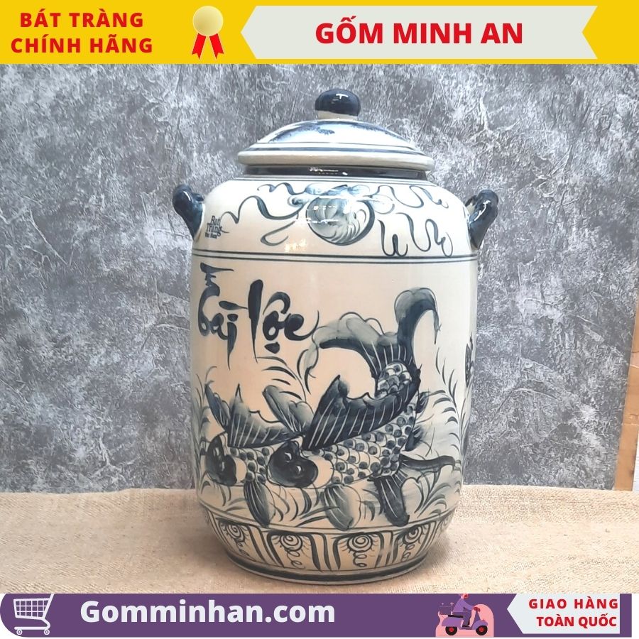 Hũ đựng gạo vẽ cảnh hoa sen cá chép đựng 15kg gạo 20lit nước gốm Minh An Bát Tràng