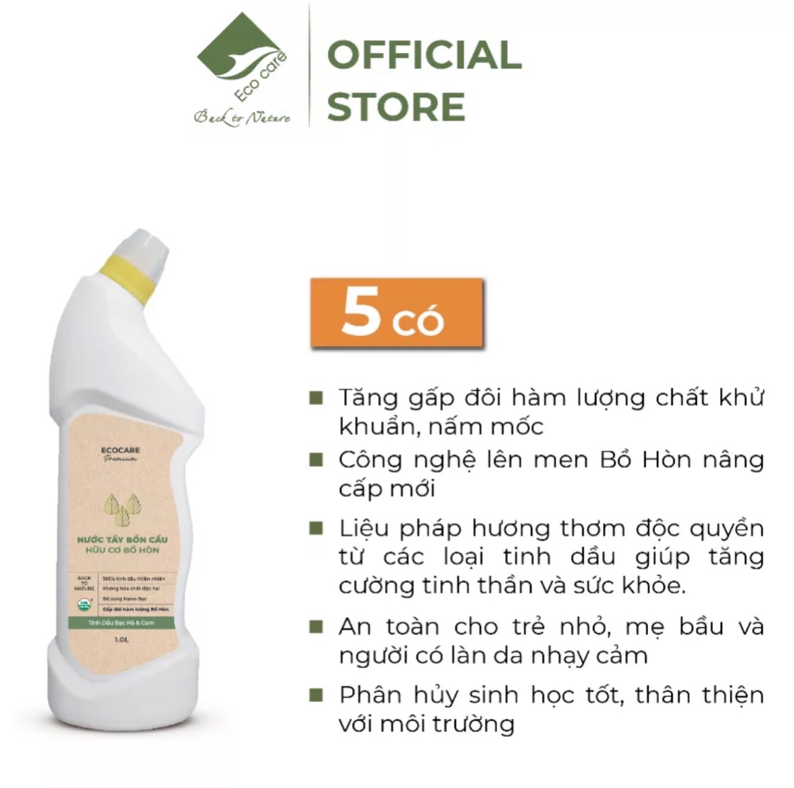 Nước tẩy rửa bồn cầu cao cấp Ecocare tinh dầu Bạc Hà & Cam 1L - Tẩy sạch vết ố vàng, diệt vi khuẩn, khử mùi