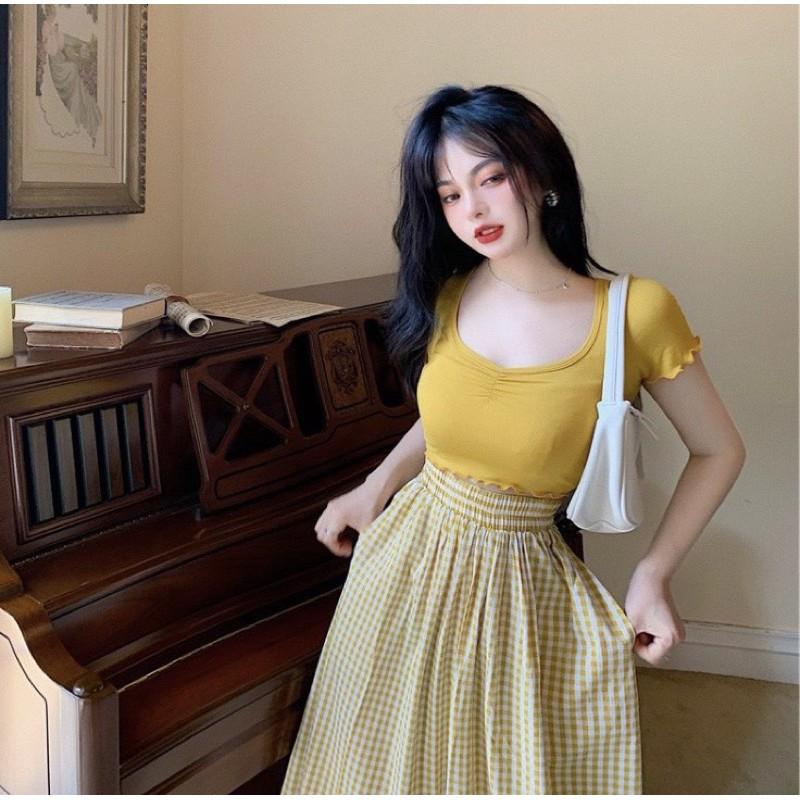 Set áo thun croptop phối váy caro xoè, Set tiểu thư cao cấp