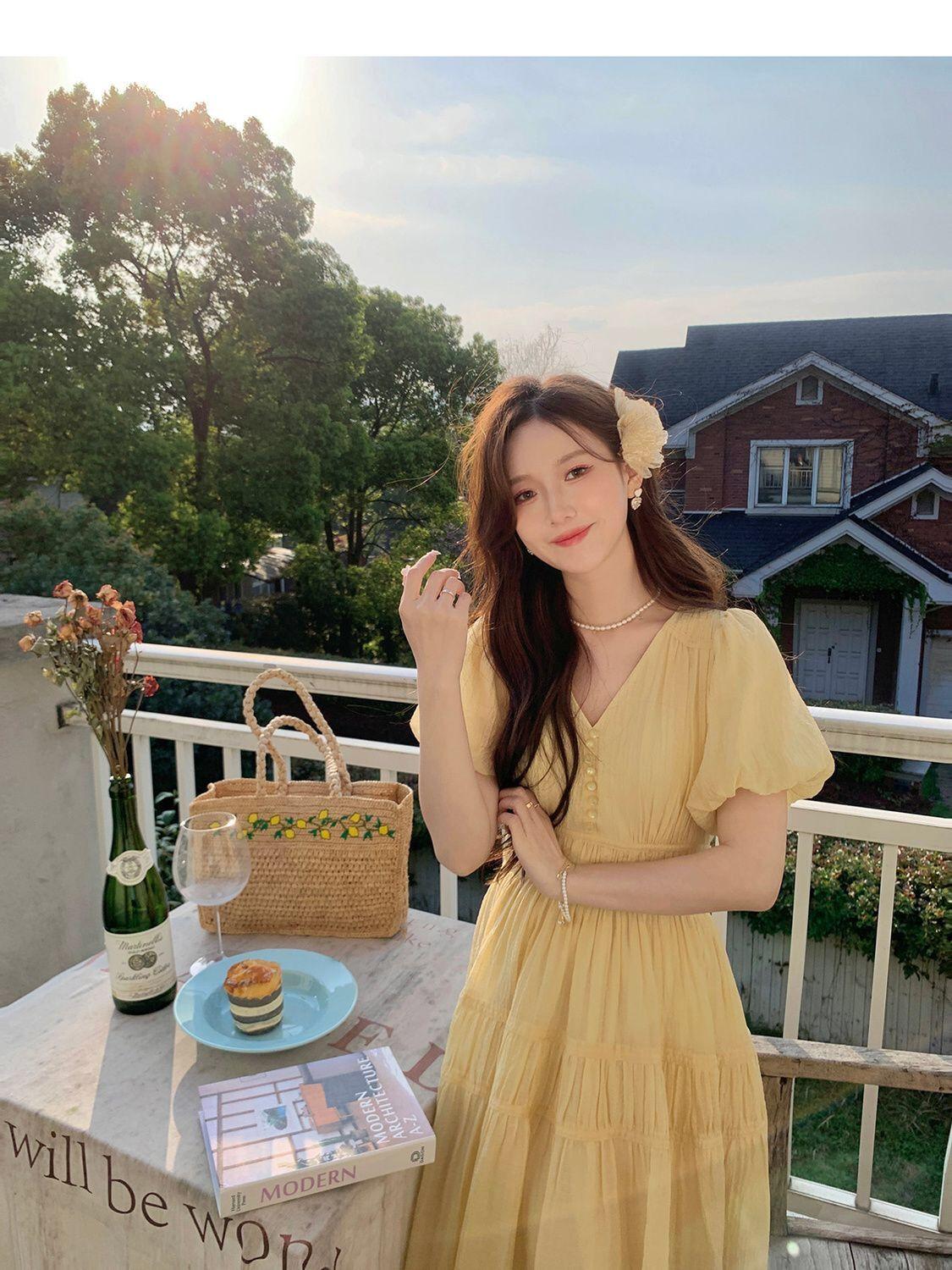TOBE1SHOP DbyDoi Pháp Vintage dịu dàng gió hiển thị gầy v-cổ tiên nghỉ mát gió váy đầm đầm dài cho trẻ em mùa hè