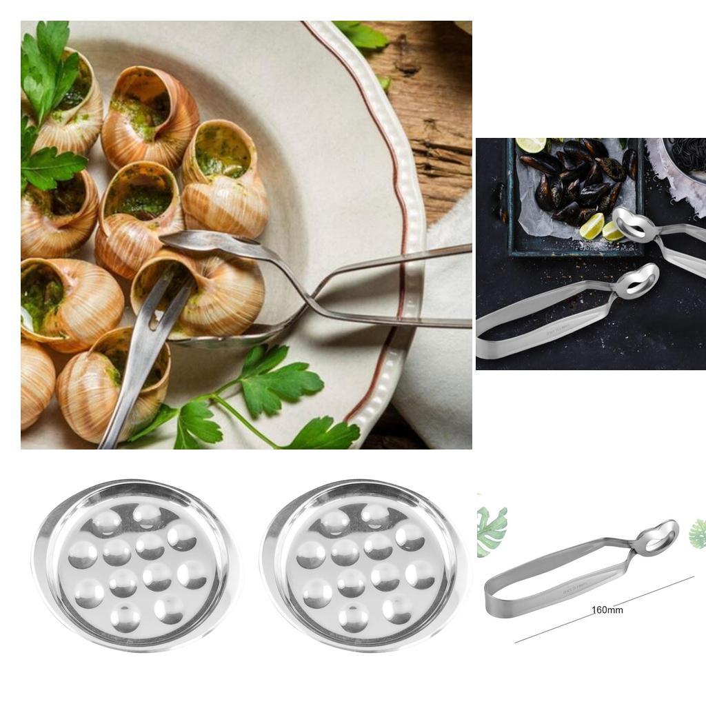 Stainless Steel Snail Escargot Plate Dishes 12 Compartment Holes Tong