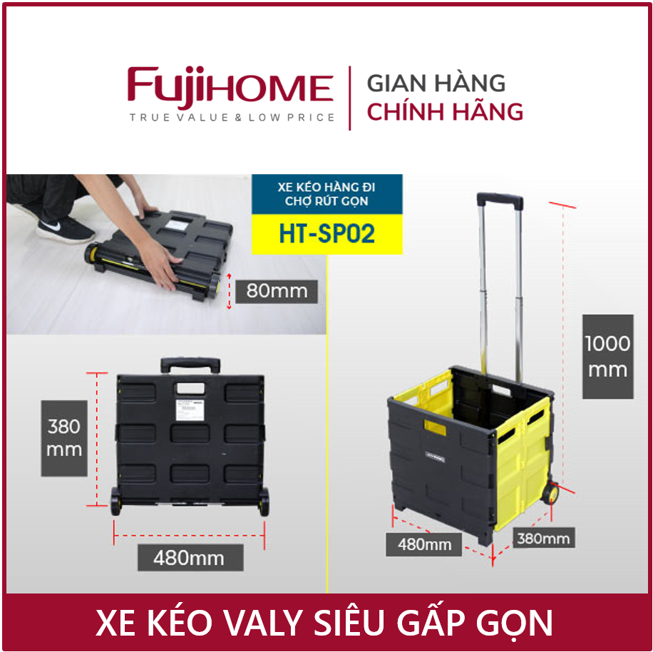 Xe đẩy hàng gấp gọn đi chợ 2 bánh Nhật Bản FUJIHOME, xe kéo hàng đi chợ gấp gọn mini siêu thị đa năng dùng cho ô tô