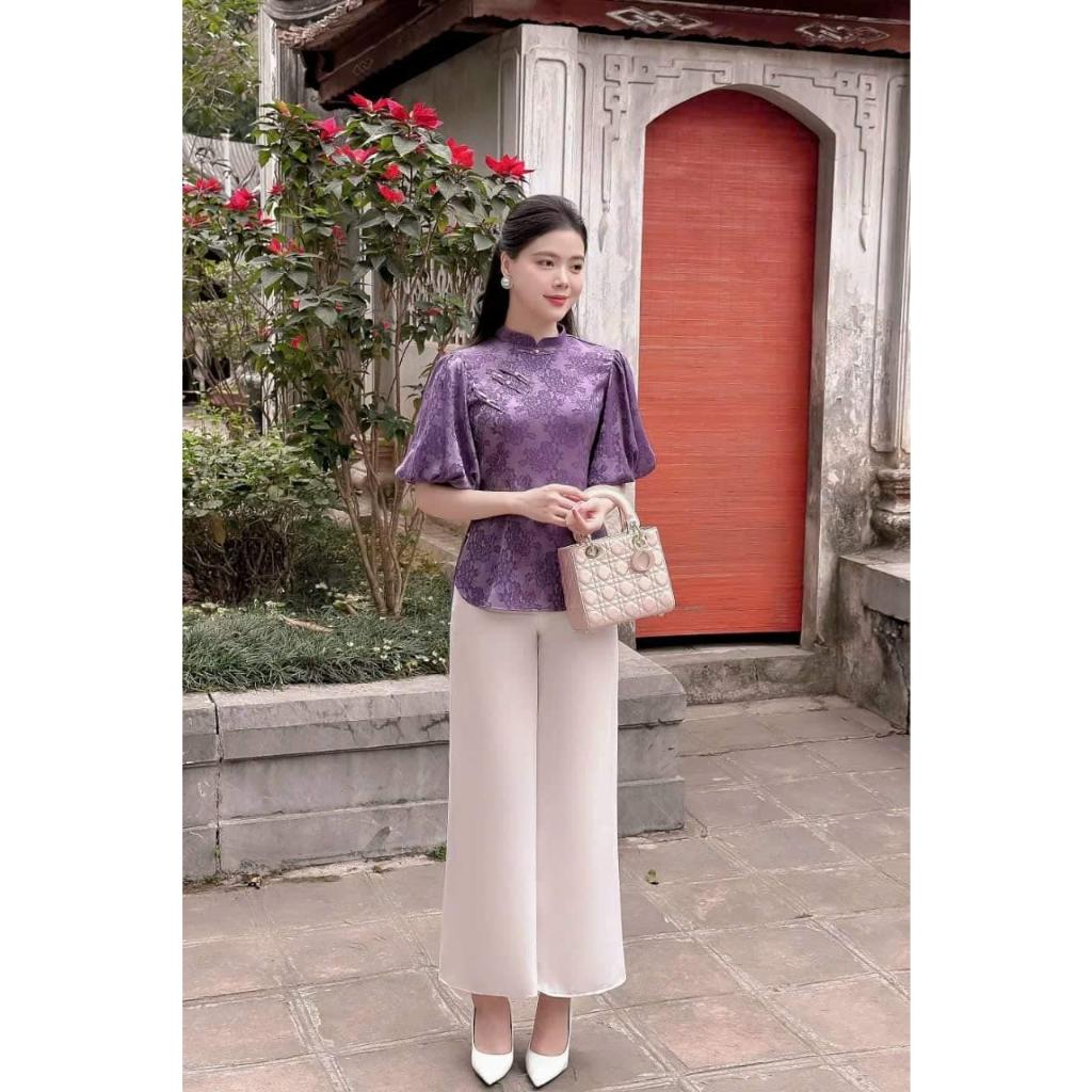 Pháp phục, đồ lam đi lễ chùa chất gấm thời thượng phối hợp quần lụa trắng - Pháp Phục Hiếu Hạnh