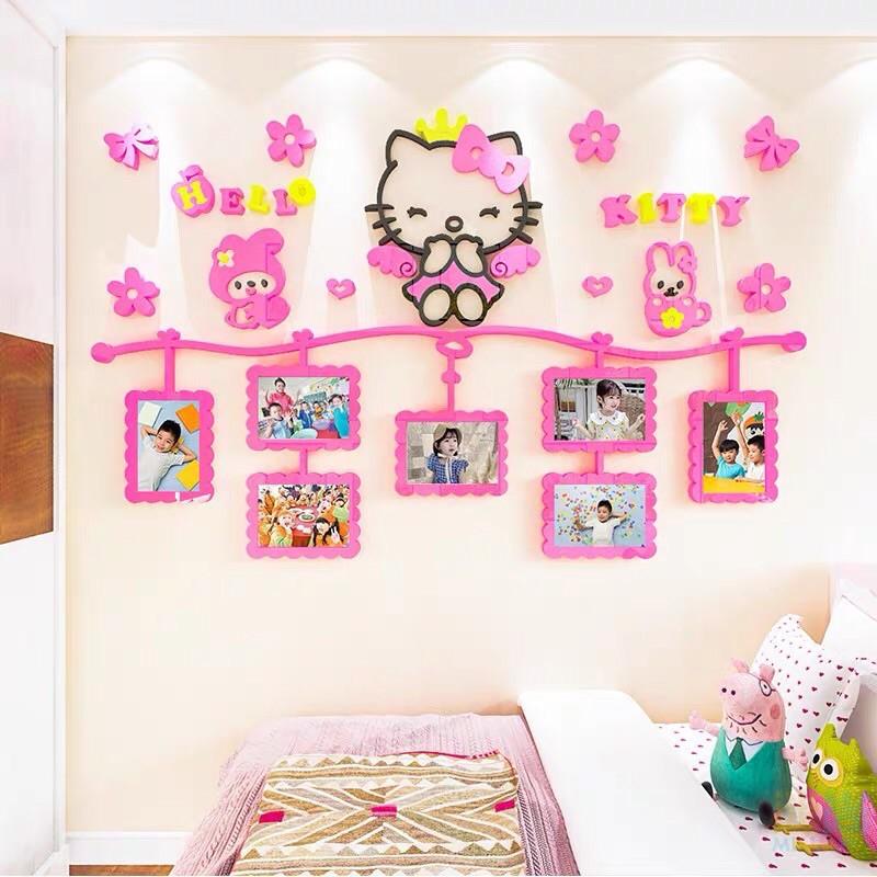 Tranh dán tường mica 3D kitty khung ảnh dễ thương, decal dán tường kitty trang trí phòng bé gái