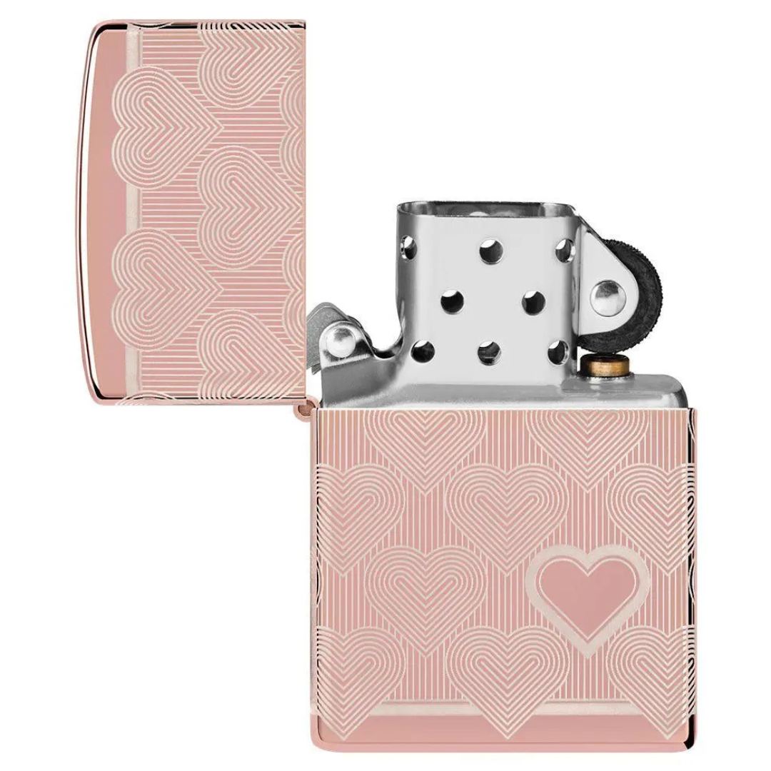 Bật Lửa Zippo Heart Design High Polish Rose Gold - Vỏ Mạ Vàng Hồng Khắc Laser 360 Độ Hình Trái Tim