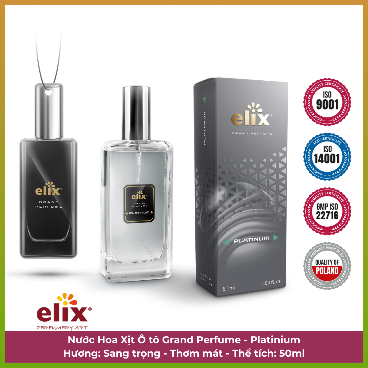 Nước hoa xịt ô tô Grand Perfume Elix 50ml - Hương Platinum (Sang trọng - Thơm mát) - Nhập khẩu chính hãng Ba Lan hương thơm dịu nhẹ tự nhiên