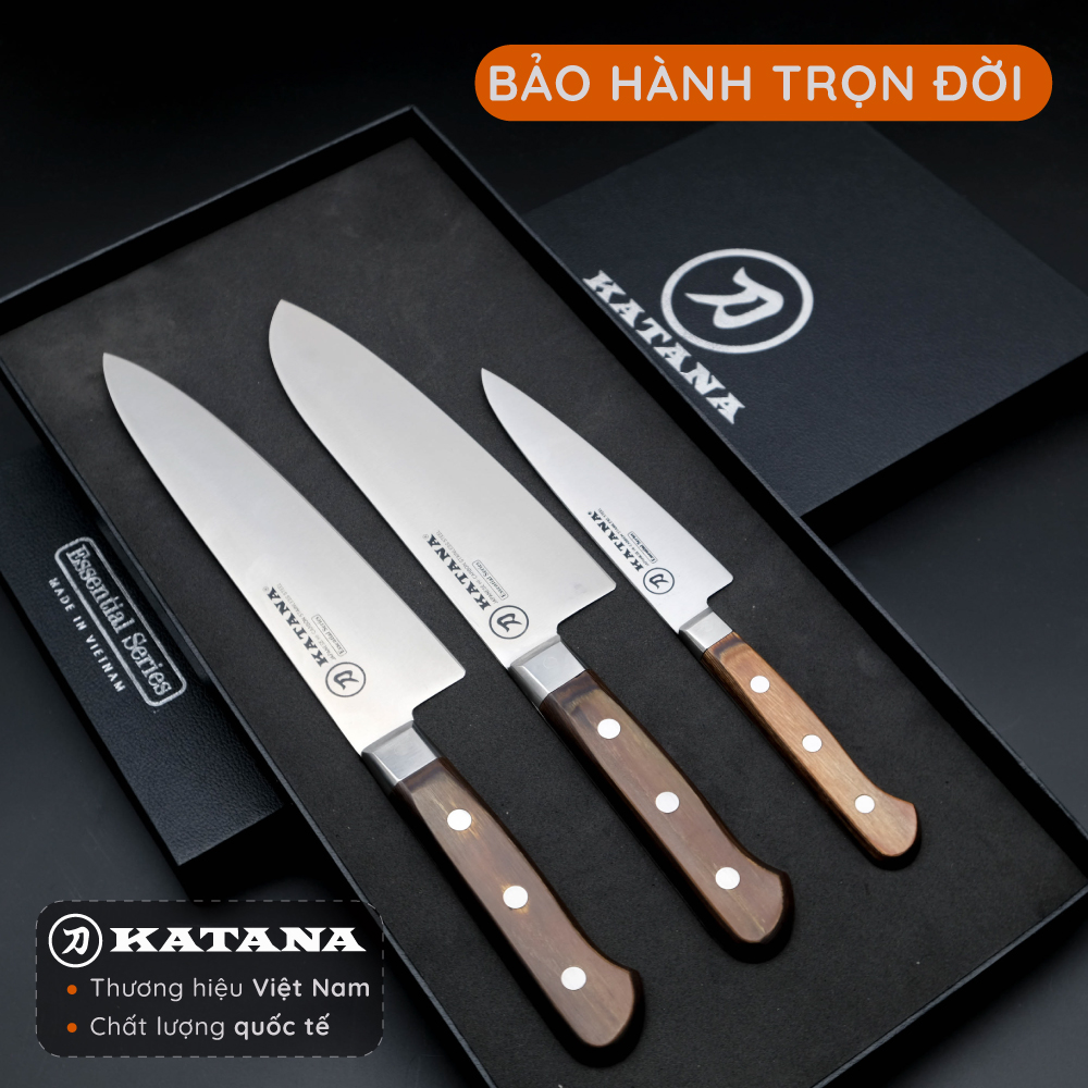 Bộ dao làm bếp cao cấp KATANA Essential 3 chiếc (dao thái thịt cá - dao đa năng - dao gọt hoa quả) - Bộ dao KATANA cán gỗ, thép chống gỉ độ cứng 59HRC