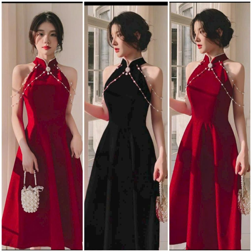 Đầm xoè dự tiệc cổ tàu kết cườm kèm ghim cài