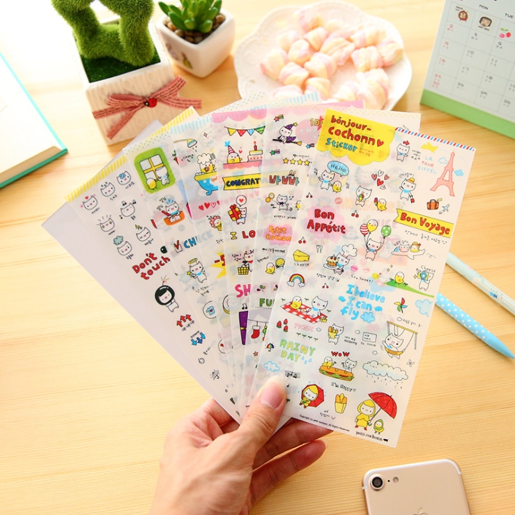 Bộ 6 tấm sticker trang trí Bonjour Cochonn Ver 1