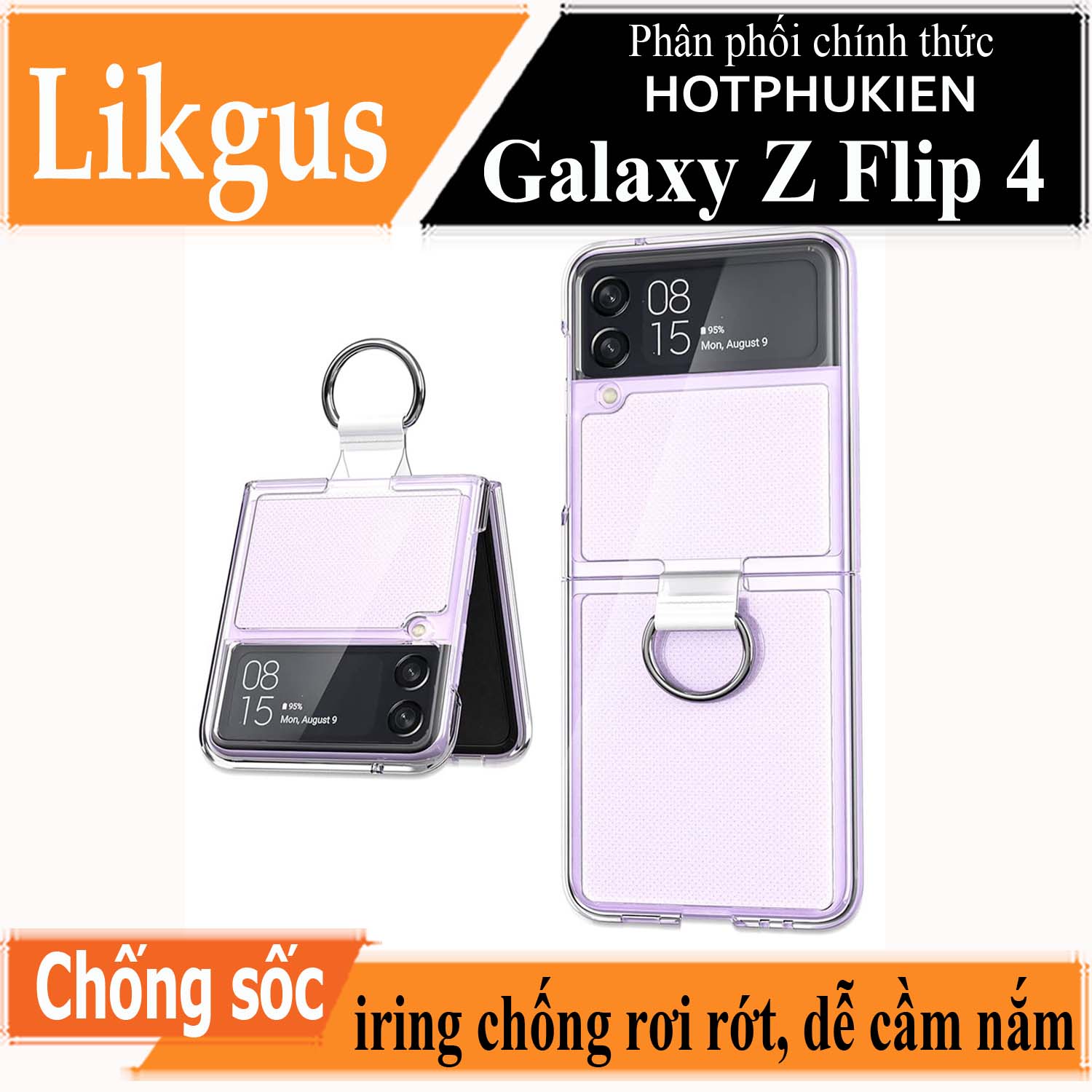 Ốp lưng chống sốc trong suốt kèm iring cho Samsung Galaxy Z Flip 4 hiệu Likgus Cover Ring (chất liệu cao cấp, thiết kế iring chống rơi rớt) - hàng nhập khẩu