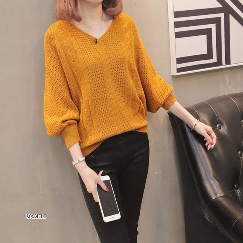 Áo len nữ cao cấp, thiết kế cánh dơi, cổ V Hàn Quốc - kiểu đan lưới rỗng thoáng khí hợp với mùa Xuân, Thu