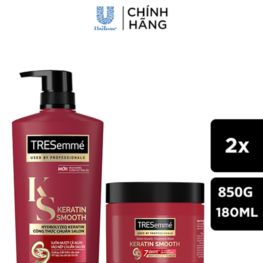 Combo Dầu Gội 850g & Kem Ủ 180ml TRESemmé Keratin Smooth với công thức Hydrolyzed Keratin Vào Nếp Suôn Mượt chuẩn Salon