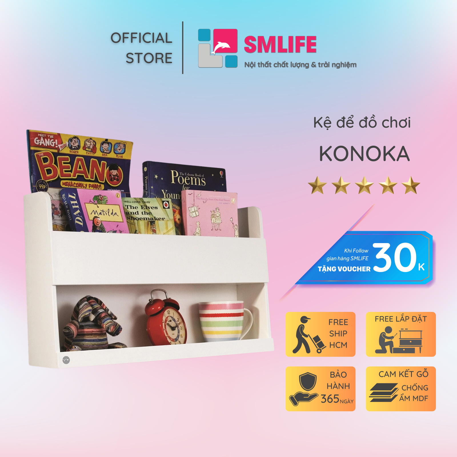 Kệ để đồ chơi cho bé SMLIFE Konoka | Gỗ MDF dày 17mm chống ẩm | D55xR14xC33cm