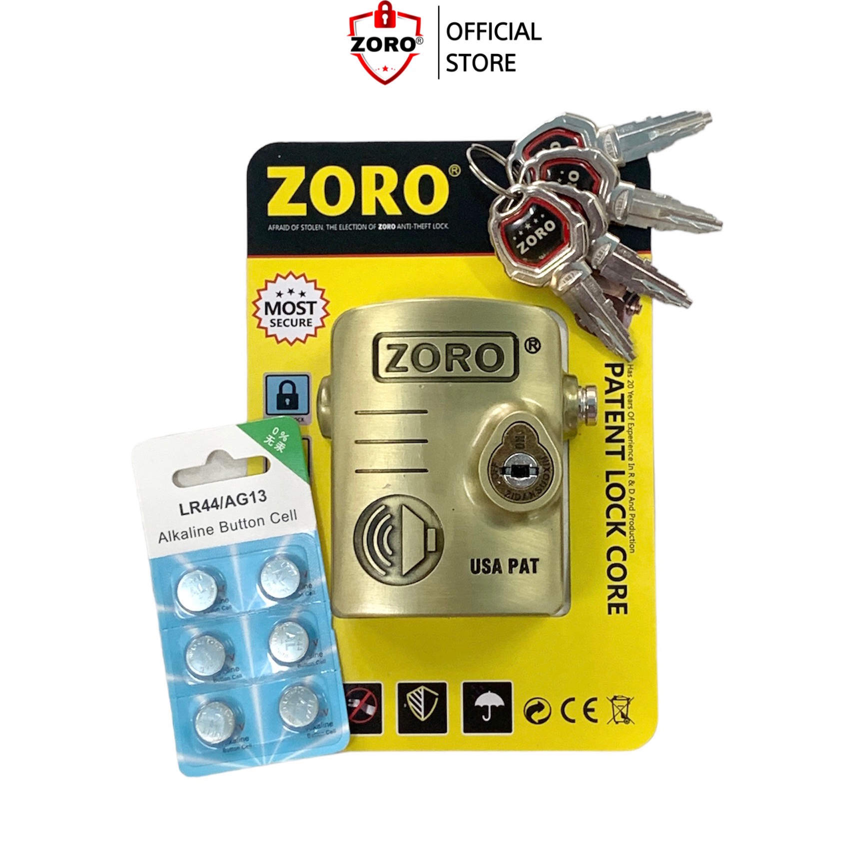 Ổ khóa chụp bát cửa báo động chống trộm ZORO thông minh - màu vàng đồng - khóa chụp chống cắt toàn diện, chống cắt khoen cửa - hàng chính hãng