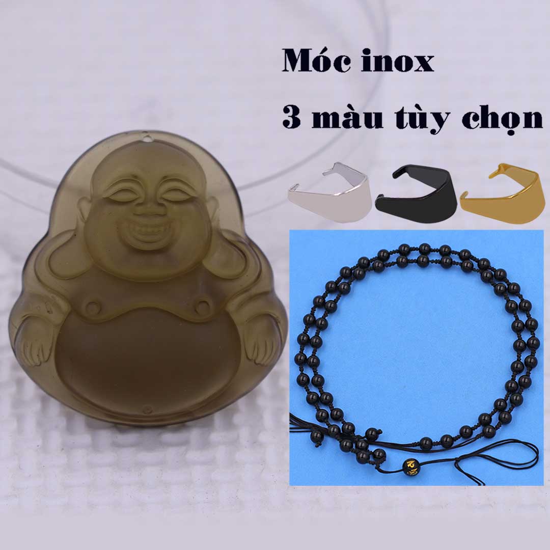 Mặt Phật Di lặc đá obsidian 4.5 cm  kèm vòng cổ hạt chuỗi đá đen + móc inox vàng, mặt dây chuyền Phật cười, Mặt Phật đá thạch anh khói