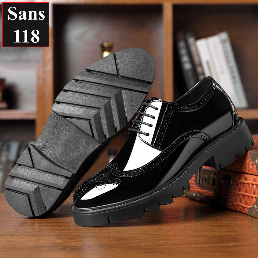 Giày tây nam tăng chiều cao 10cm Sans118 giầy da bóng đế độn nâng gót chú rể mặc vest âu công sở cao cấp size nhỏ bé 37