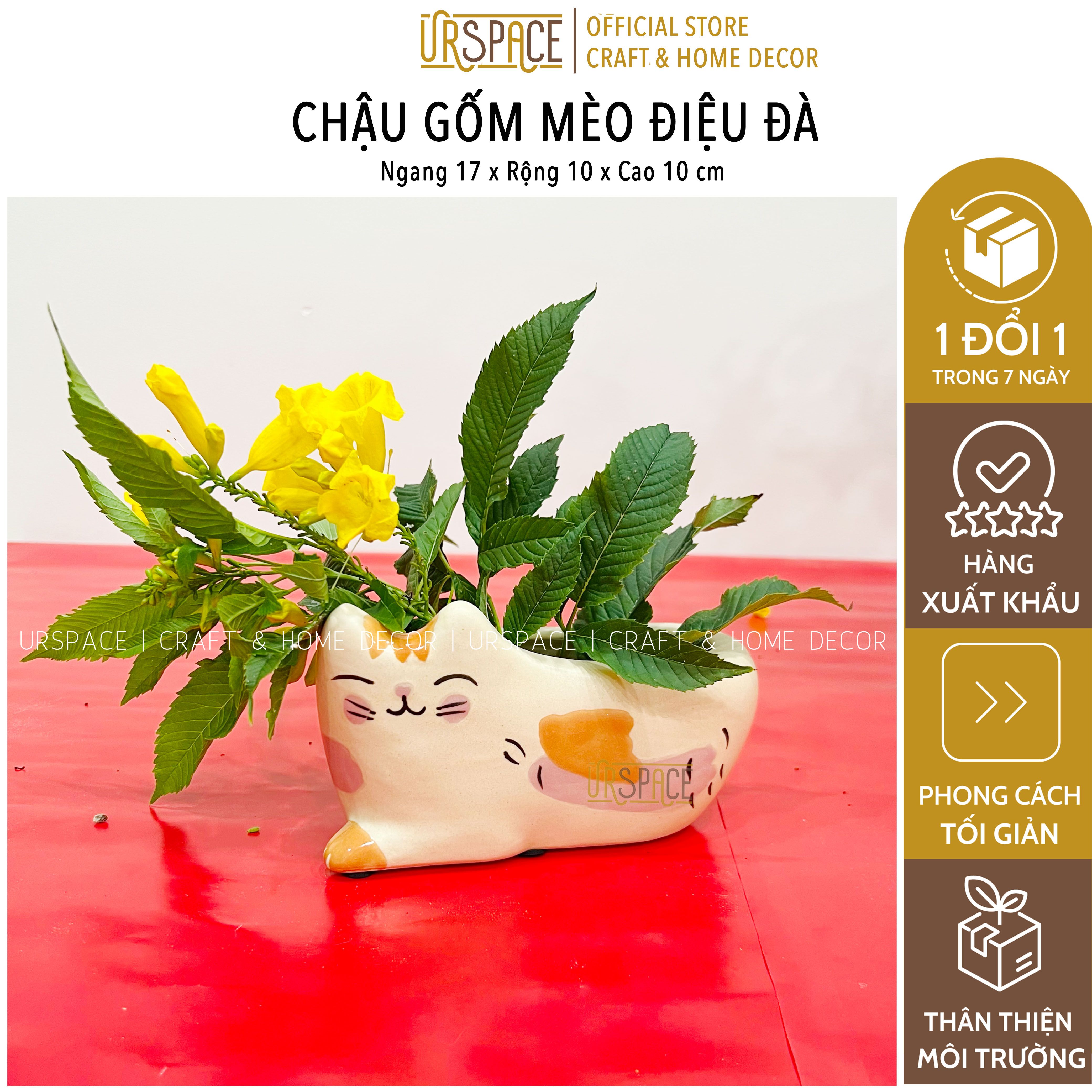 Chậu gốm trồng cây để bàn URSPACE trang trí decor hình mèo dễ thương