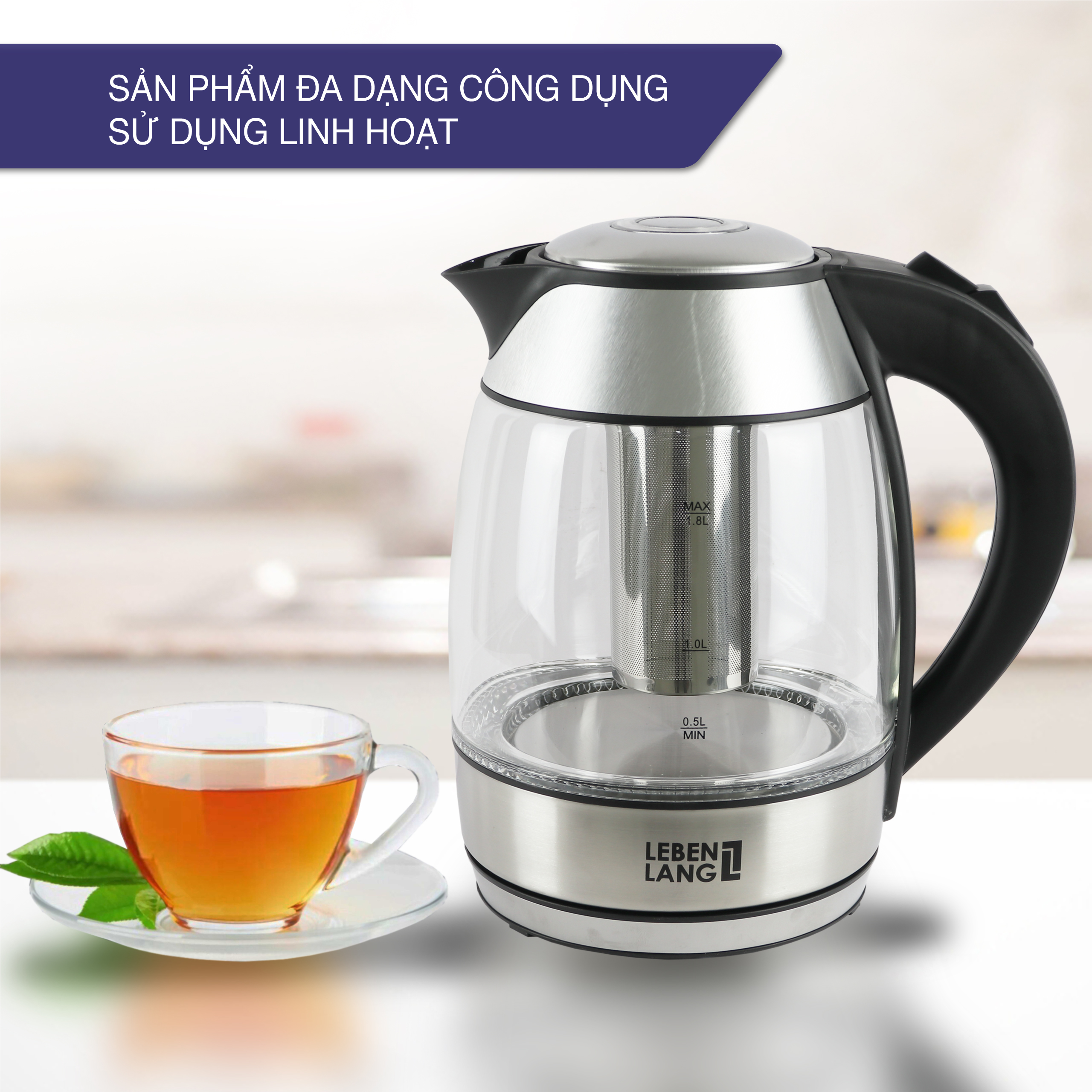 Ấm siêu tốc thuỷ tinh Lebenlang LBE2819, dung tích 1800ml, bảo hành 2 năm - hàng chính hãng