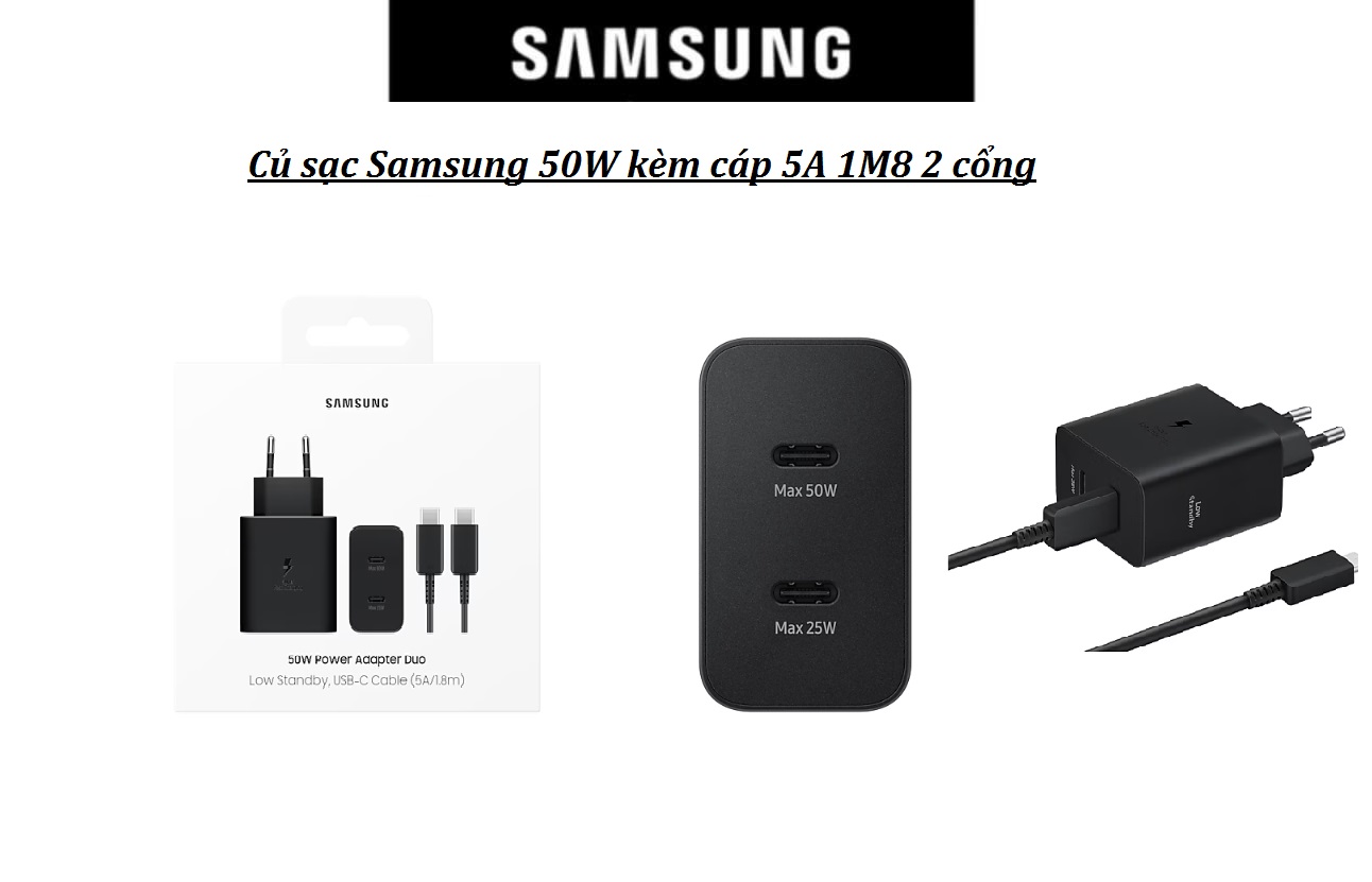 Bộ sạc nhanh Samsung 2 Cổng (50W + 25W) Kèm Cáp 5A 1M8 Hàng chính hãng
