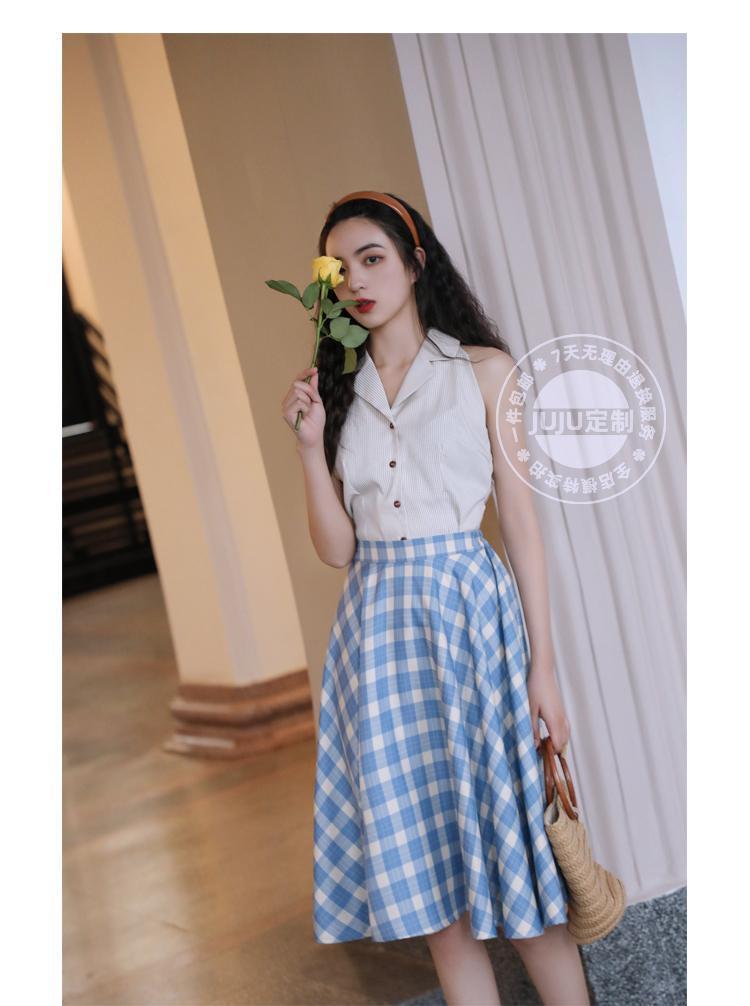 TOBE1SHOP Mùa hè năm 2025, váy kẻ caro màu xanh lá cây, váy chữ A, kiểu Pháp, thắt lưng, váy xòe, nữ tính.