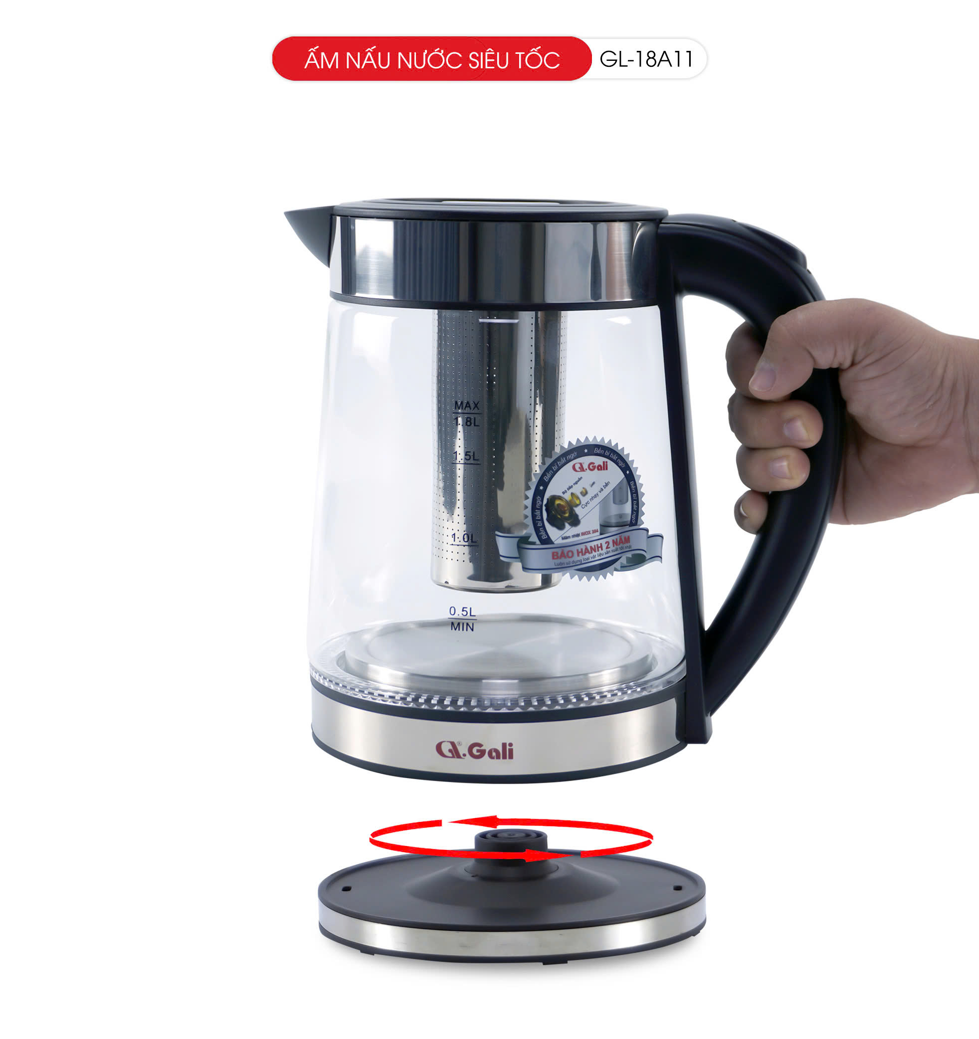 Ấm Nấu Nước Siêu Tốc Thủy Tinh Gali GL-18A11–Dung Tích 1.7L–Lưới Lọc Pha Trà–Mâm Nhiệt Inox 304–Tự Ngắt An Toàn