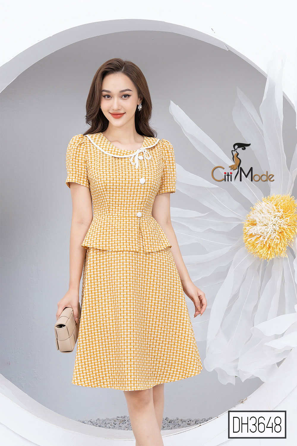 Đầm xòe peplum công sở vàng CITI MODE phối cúc lệch DH3648