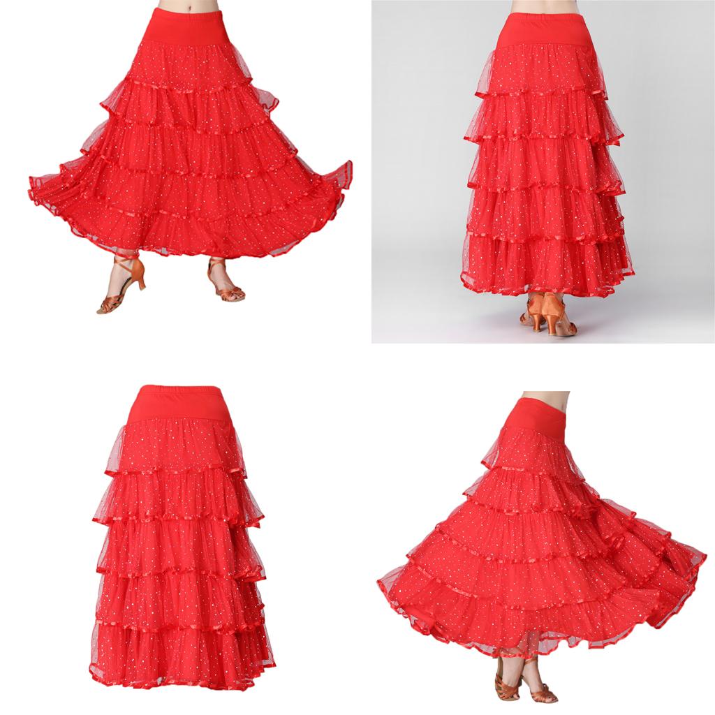 Womens Full Wing Flamenco Ballroom Modern Dance Skirt Full Swing Mesh Skirts