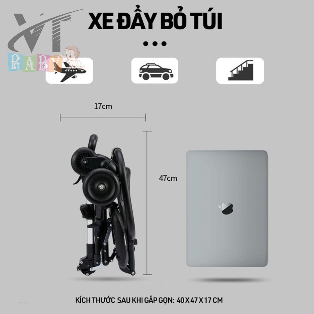 Xe Đẩy Gấp Gộn Đảo Chiều Cao Cấp Hỗ Trợ Bé Đi Du Lịch