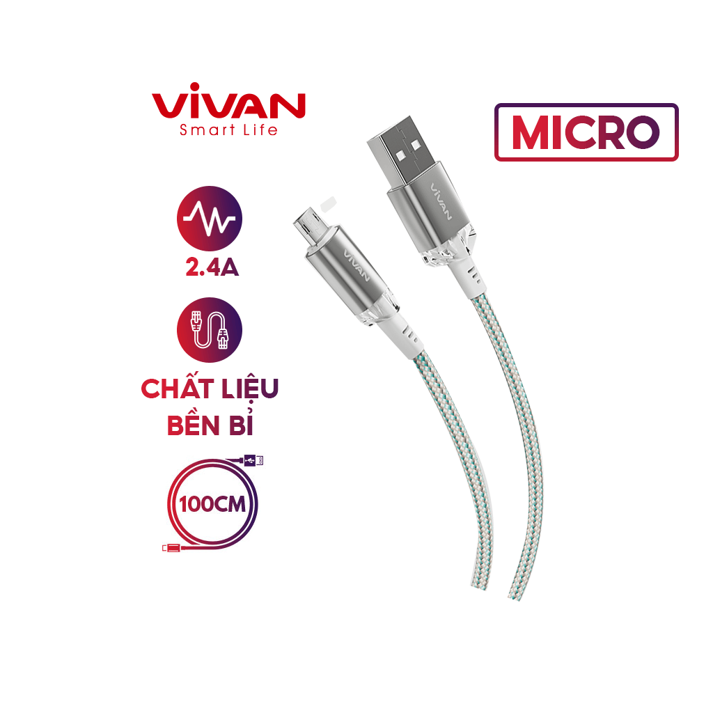 Cáp Sạc Nhanh VIVAN VXM / VXC / VXL - 100S Thiết Kế Pha Lê Chất Liệu Dây Dù Bền Bỉ Sạc Và Truyền Dữ Liệu - HÀNG CHÍNH HÃNG