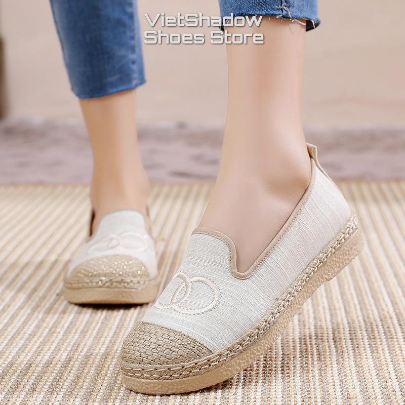 Slip on giày lười vải nữ chất liệu vải bố mũi và viền bo cói siêu đẹp và cá tính - Mã SP C01