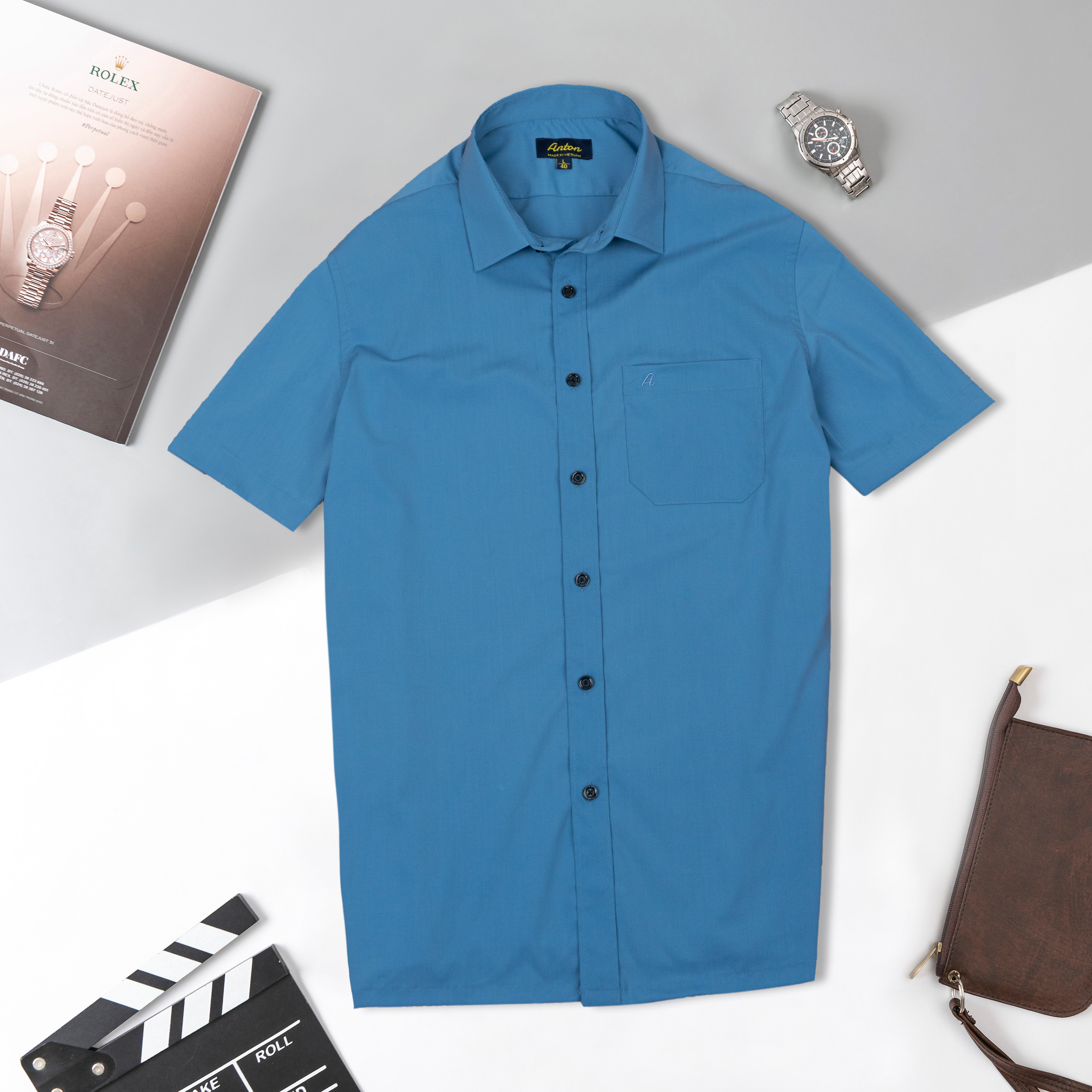 Áo Sơ Mi Nam Công Sở Trung Niên Thương Hiệu Anton Xanh Than Có Túi Ngắn Tay Trơn Vải Cotton - XSN13