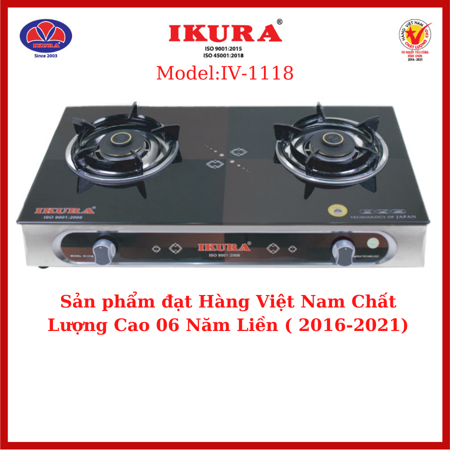 Bếp Gas Đôi Mặt Kính IKURA IV-1118 - Đầu đốt bằng inox 430/304 - Hàng Chính Hãng