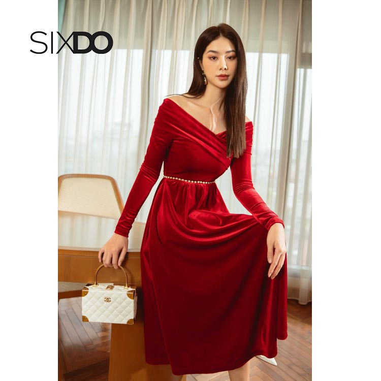 Đầm trễ vai nhung sang trọng SIXDO ( không kèm belt