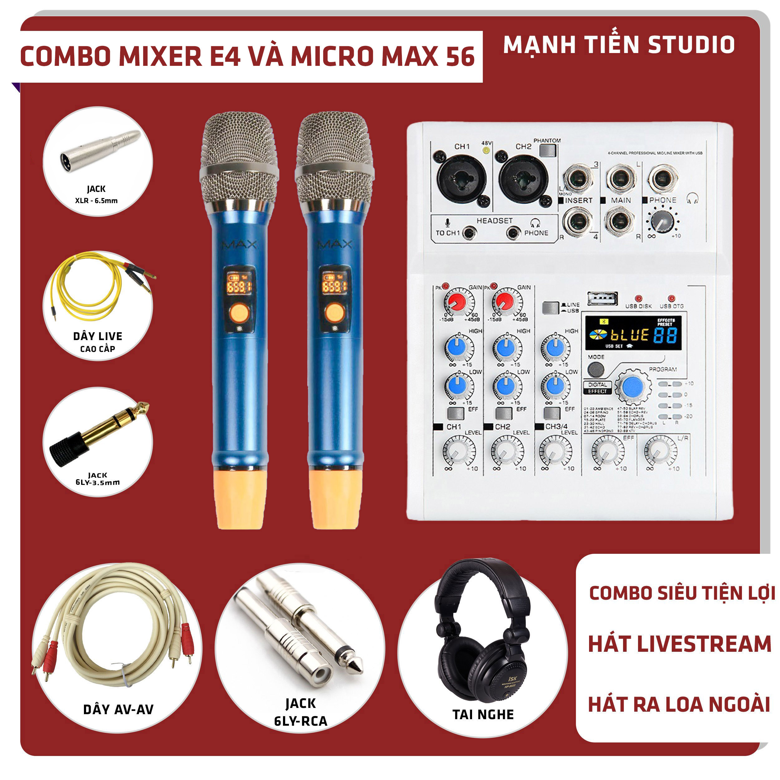 Combo Micro Max 56, Mixer E4 - Vừa thu âm vừa hát ra loa - Kèm full phụ kiện tai nghe ISK HP-960B, dây live cao cấp, dây kết nối - Hỗ trợ thu âm, livestream, karaoke gia đình - Hàng nhập khẩu