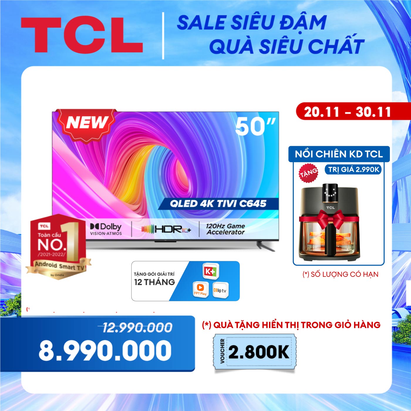 [SẢN PHẨM MỚI 2023- Hàng chính hãng] QLED TV 4K UHD - Tivi 50'' - TCL 50C645 - Tivi 50 inch - Tivi cao cấp