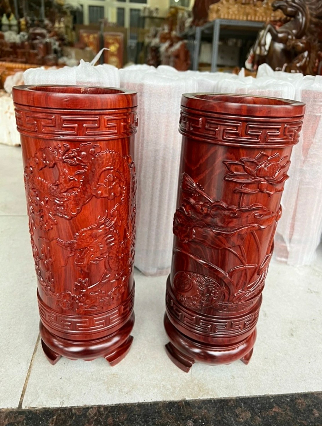 Ống đựng nhang trạm gỗ hương hoa sen cao 30cm