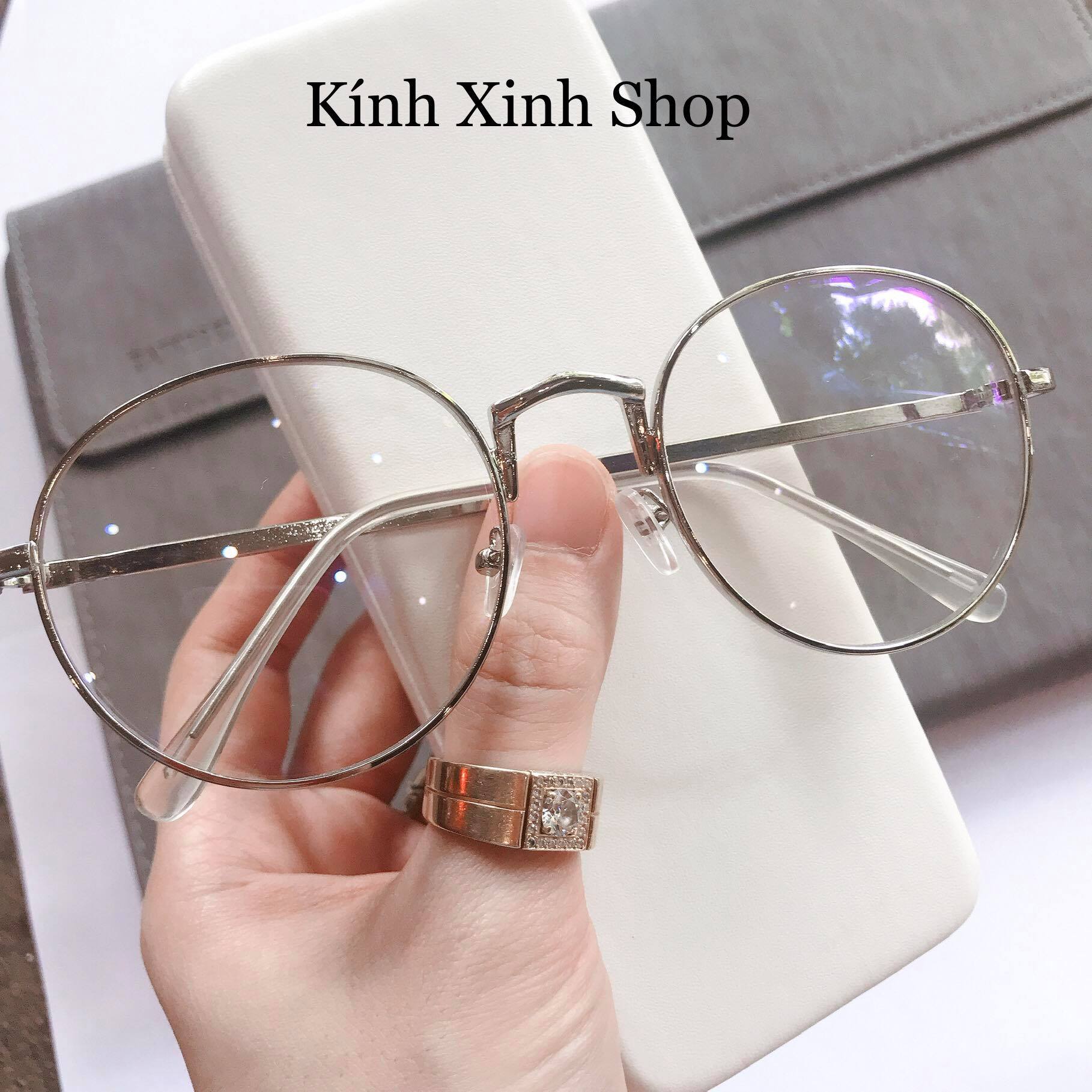 Kính Giả Cận, Gọng Kính Cận Nam Nữ Viền Dày Dáng Tròn Kim Loại Hàn Quốc Chống Ánh Sáng Xanh (Bạc)